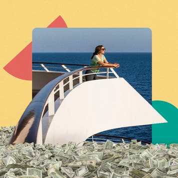 design element of a women wearing sunglasses leaning on a railing overlooking the sea