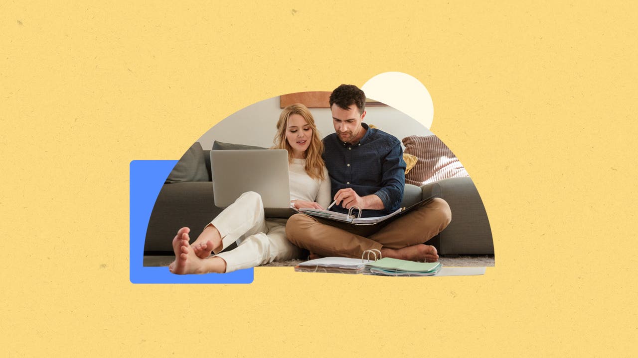 Illustrated collage featuring two people reviewing their finances