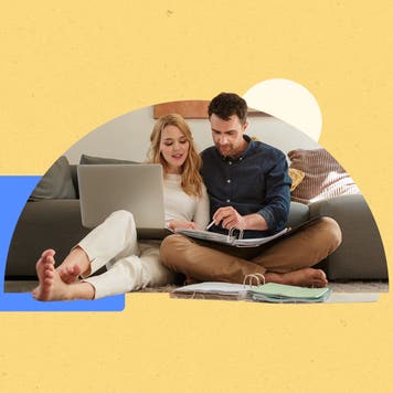 Illustrated collage featuring two people reviewing their finances