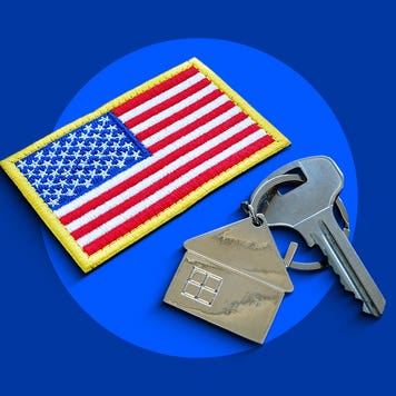 Illustrated collage featuring a set of keys and an American flag