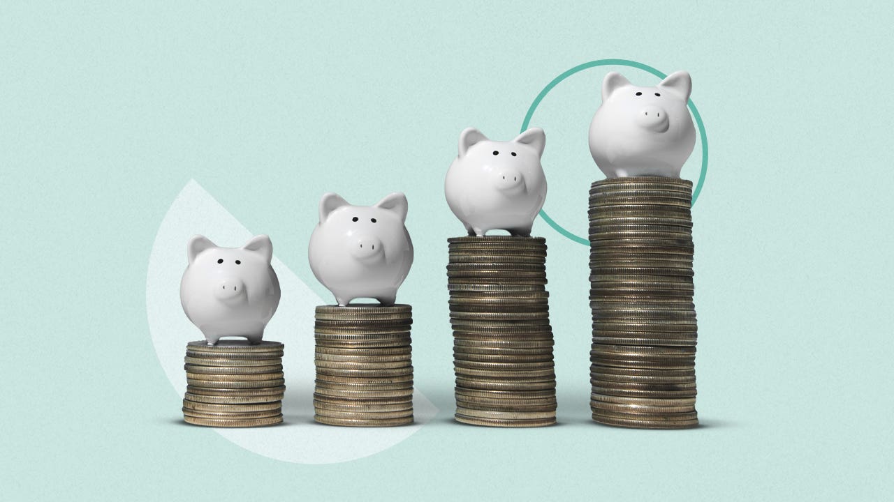 Whimsical artwork of four piggy banks standing atop of four stacks of coins, gradually increasing in height