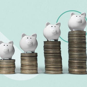 Whimsical artwork of four piggy banks standing atop of four stacks of coins, gradually increasing in height