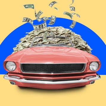 A red car covered in American dollars. It is in front of a bright blue half circle on a yellow background.