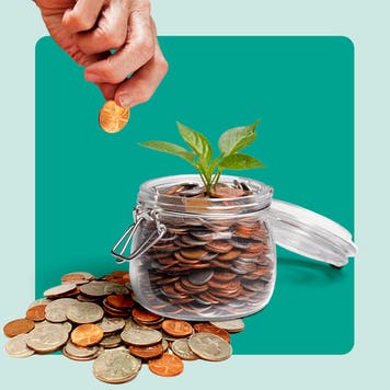 Whimsical illustration of a plant growing out of a jar full of coins