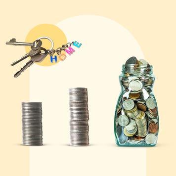 Illustrated collage featuring a set of keys and coins in a jar