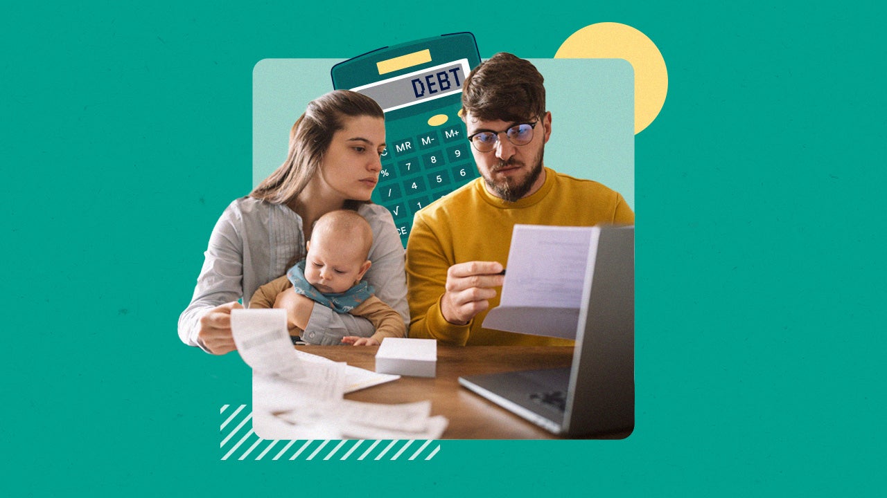 Illustrated collage featuring a couple and their infant child with a calculator that spells "Debt" in the background