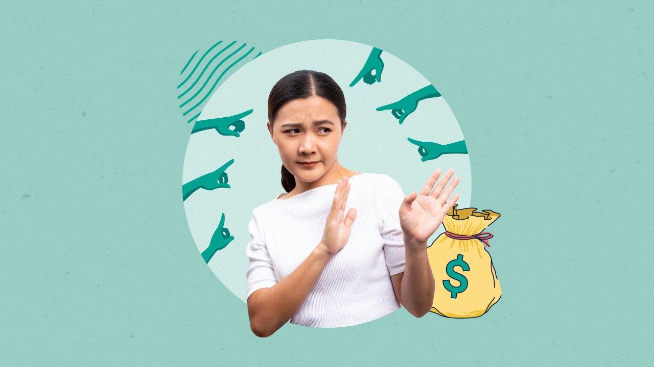 A woman with her arms positioned to block illustrated pointing fingers