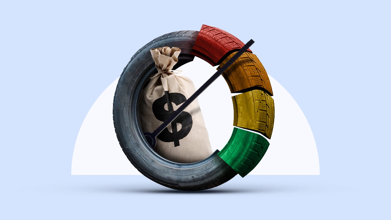 Illustration of a money bag sitting in a tire. An empty gas meter is overlaid on the tire.