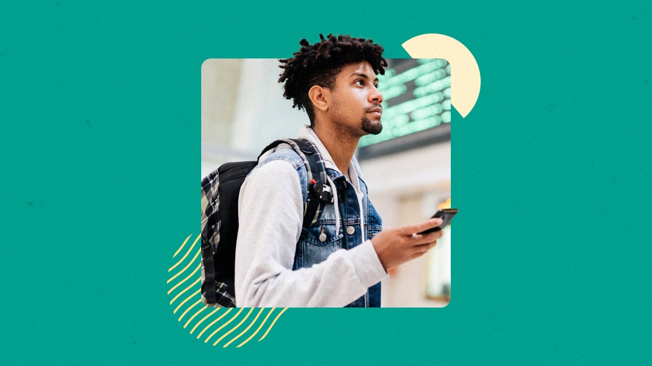 design element of a man traveling in an airport and holding a phone in his hand