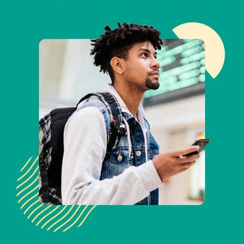design element of a man traveling in an airport and holding a phone in his hand
