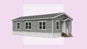photo illustration of a factory-built, manufactured home, pink background