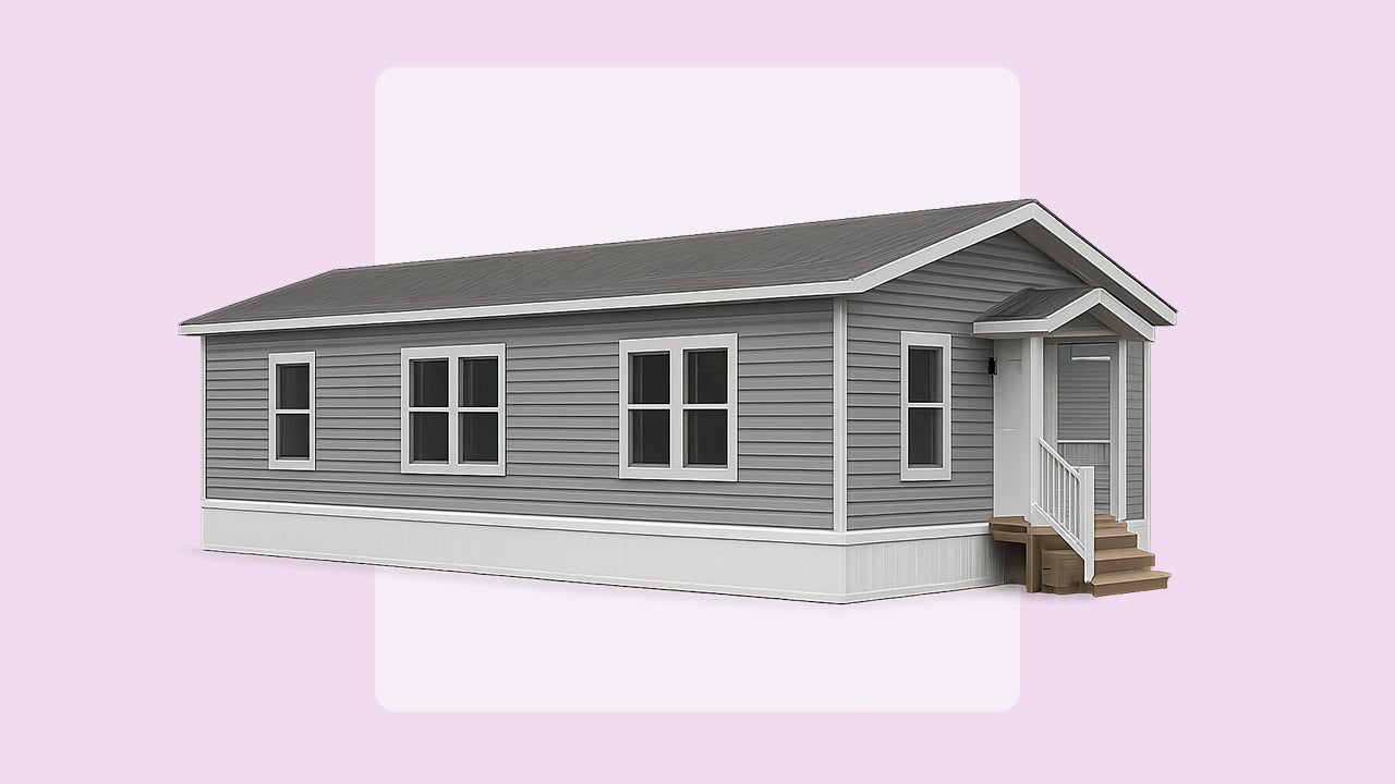 photo illustration of a factory-built, manufactured home, pink background