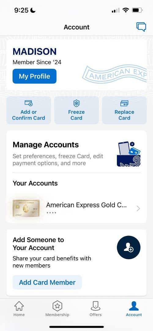 American Express log in mobile app screenshot.
