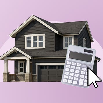 photo illustration of house with calculator, purple background