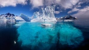 Icebergs floating in the sea off the coast of Antarctica