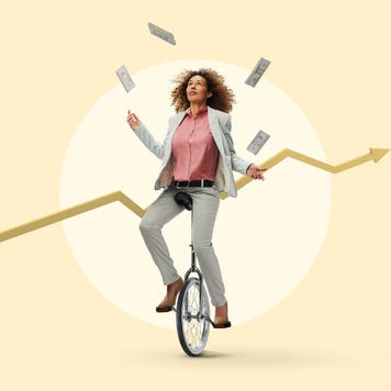 Illustration of worker juggling dollar bills over a background of a line signifying rising inflation