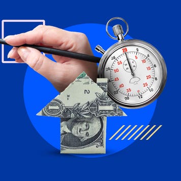 Illustrated collage of: A hand holding a pencil with a house made of money