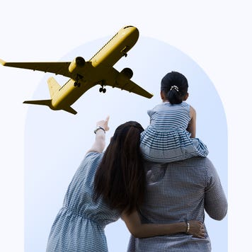 design image of a family pointing to the sky where an airplane is flying over them