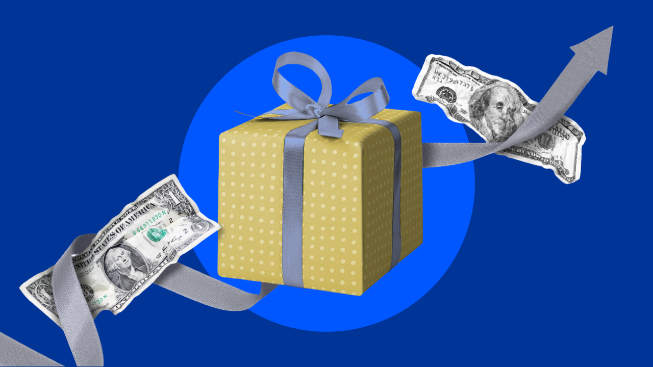 Illustration of gift box surrounded by an up arrow representing higher inflation.