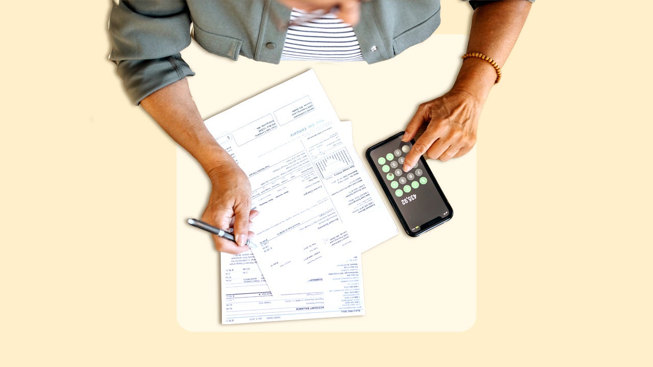 Image of person using a calculator, with design elements included