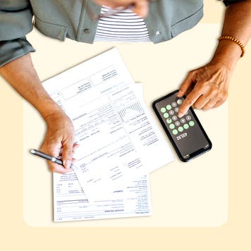 Image of person using a calculator, with design elements included