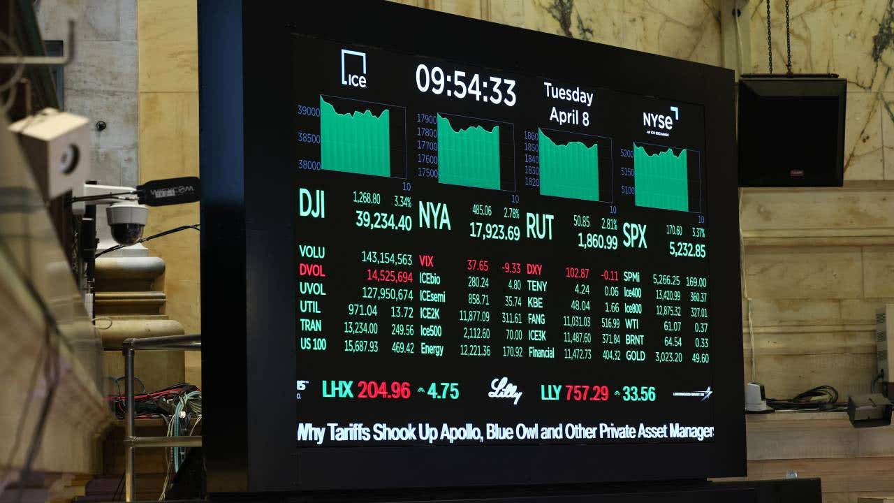 Stock market numbers are displayed at the New York Stock Exchange