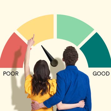 design image of a couple standing in front of a meter for poor or good credit