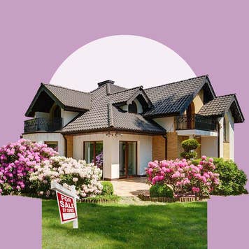 home with spring flowers blooming outside and a red For Sale sign