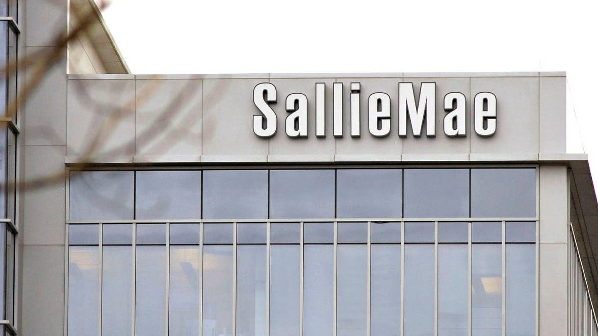 A logo hangs outside a Sallie Mae building in Reston, Virgin