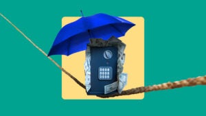 Money in a safe on a tightrope.