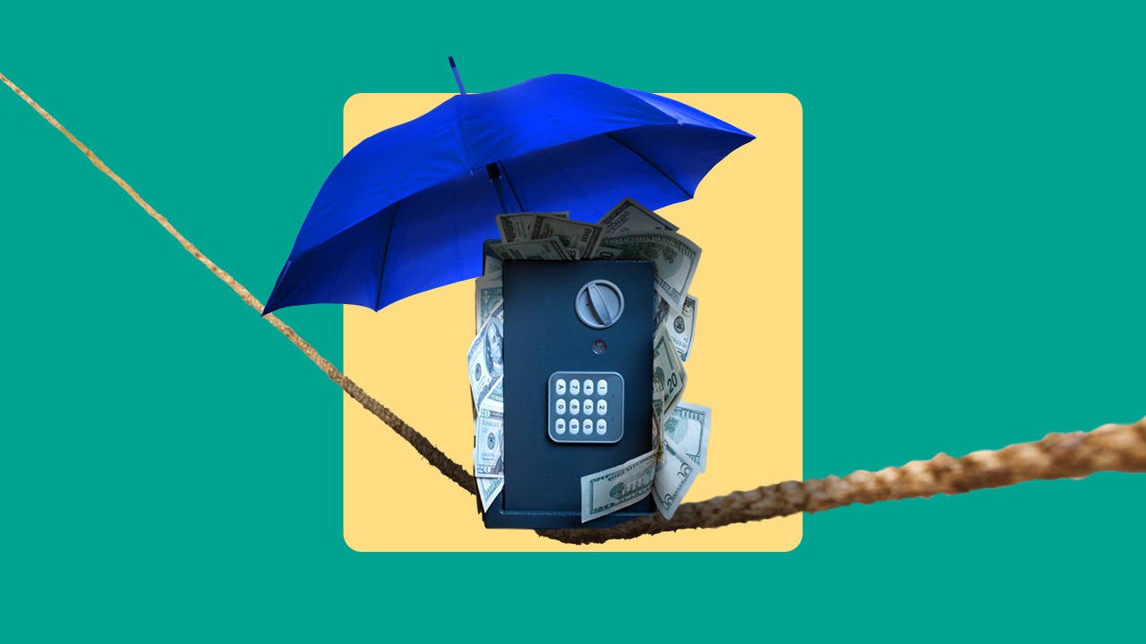 Money in a safe on a tightrope.