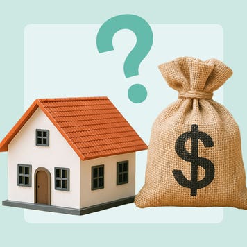 A home, a question mark and a bag of money.