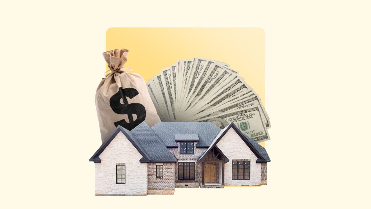 photo illustration of a house with a money bag and fanned-out cash