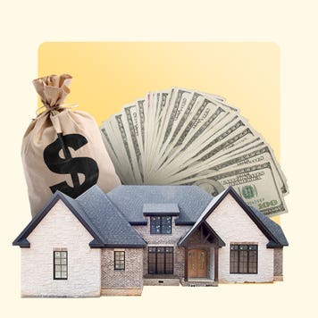 photo illustration of a house with a money bag and fanned-out cash