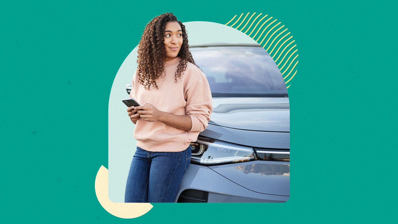 A Black woman leans against a blue car while using her cell phone. Image is against a green background.