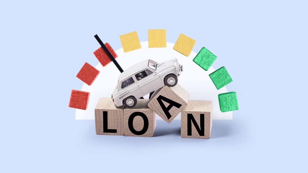 An image of a white sedan on top of blocks that spell out "loan." Above it, there is a fuel gauge monitor.