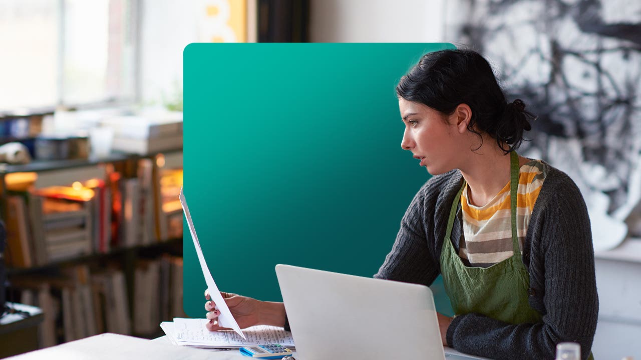 Illustration of young woman looking at document at office