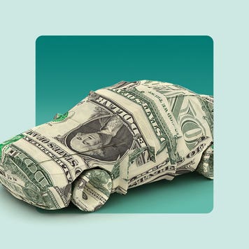 American dollar bill folded into the shape of a sedan. Image is on top of a light green background.