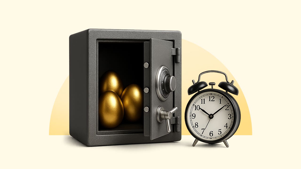 An open safe with golden eggs inside next to an alarm clock.