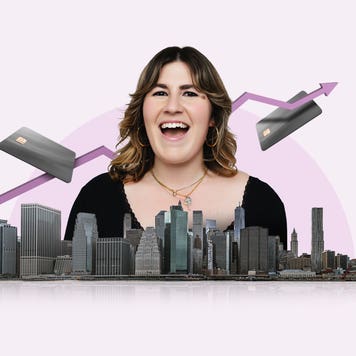 design image of a woman behind a skyline with credit cards in mid air