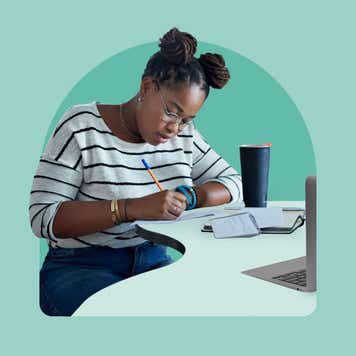 A Black woman studying at a table with an illustrated light green background
