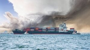 A container ship in choppy seas with storm clouds above.
