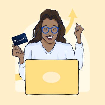 Illustrated image featuring a woman holding a Chase Ink Business Preferred card