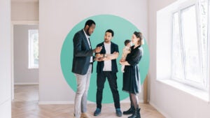 photo illustration of a couple with a baby talking to a realtor
