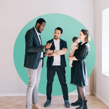 photo illustration of a couple with a baby talking to a realtor