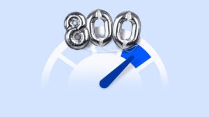 Silver balloons that spell out "800" centered above a white credit score scale with a light blue background.
