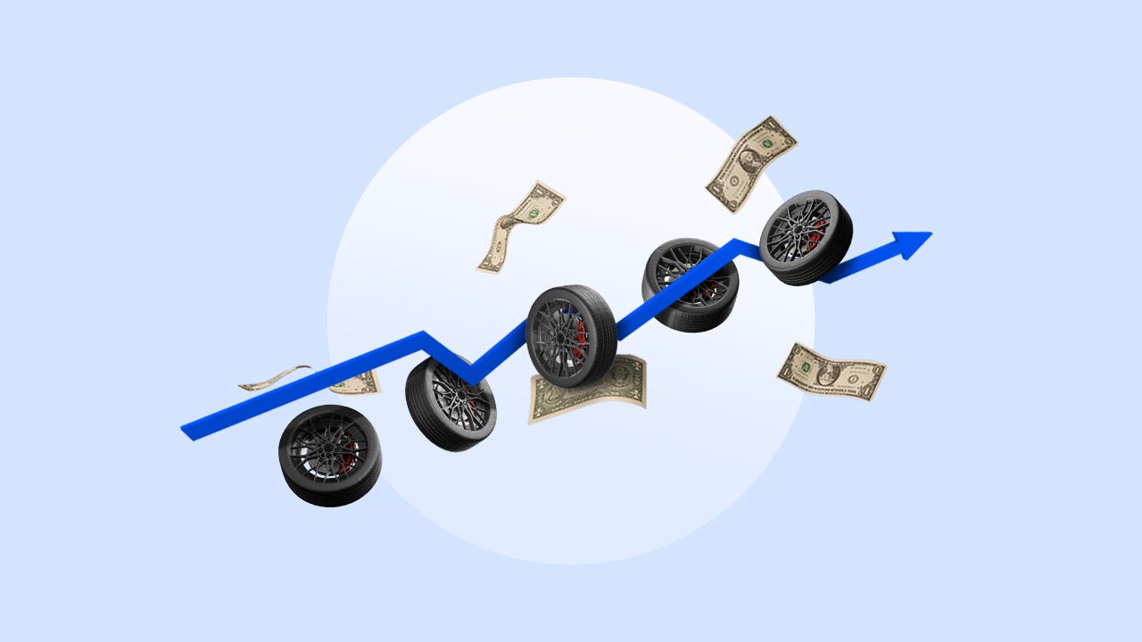 An image of a blue arrow going to the upper right corner of the image. It is overlayed by five car tires and three American dollar bills. The image is on top of a white circle against a light blue background.