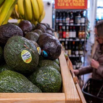 Avocados and bananas from Mexico at grocery store in San Francisco, California