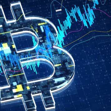 Semitransparent Bitcoin symbol laid over a rising chart.