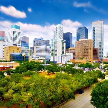 Panorama of aerial view of Downtown Houston, Texas, USA